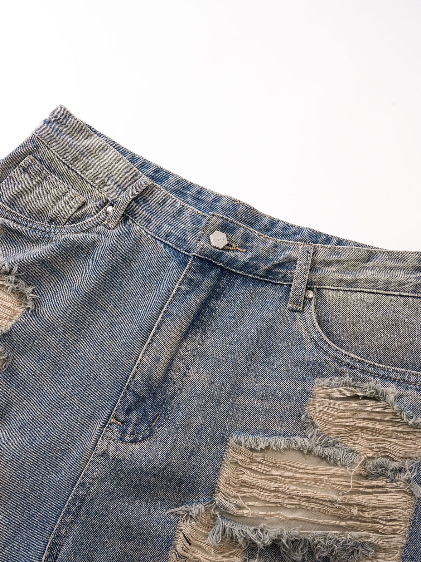 デニム・ジーパン [COLN] ties camouflage destroyed wide denim pants Destroyed Blue Camo Jeans – INTL Collective