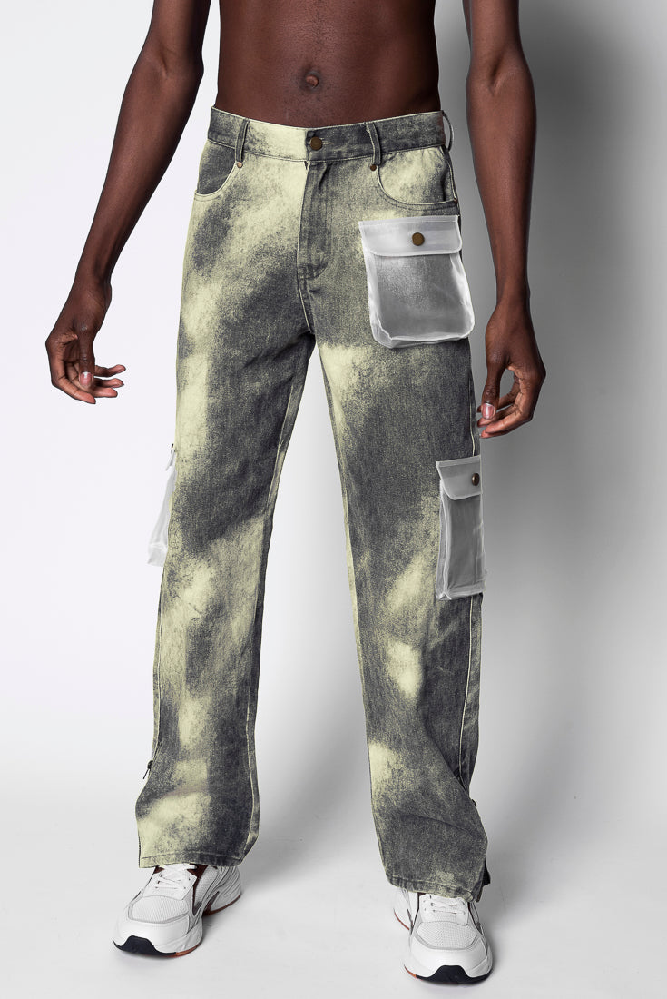 TIEDYE WASH MILITARY STYLE MENS CARGO PANTS IN BLUE AND WHITE